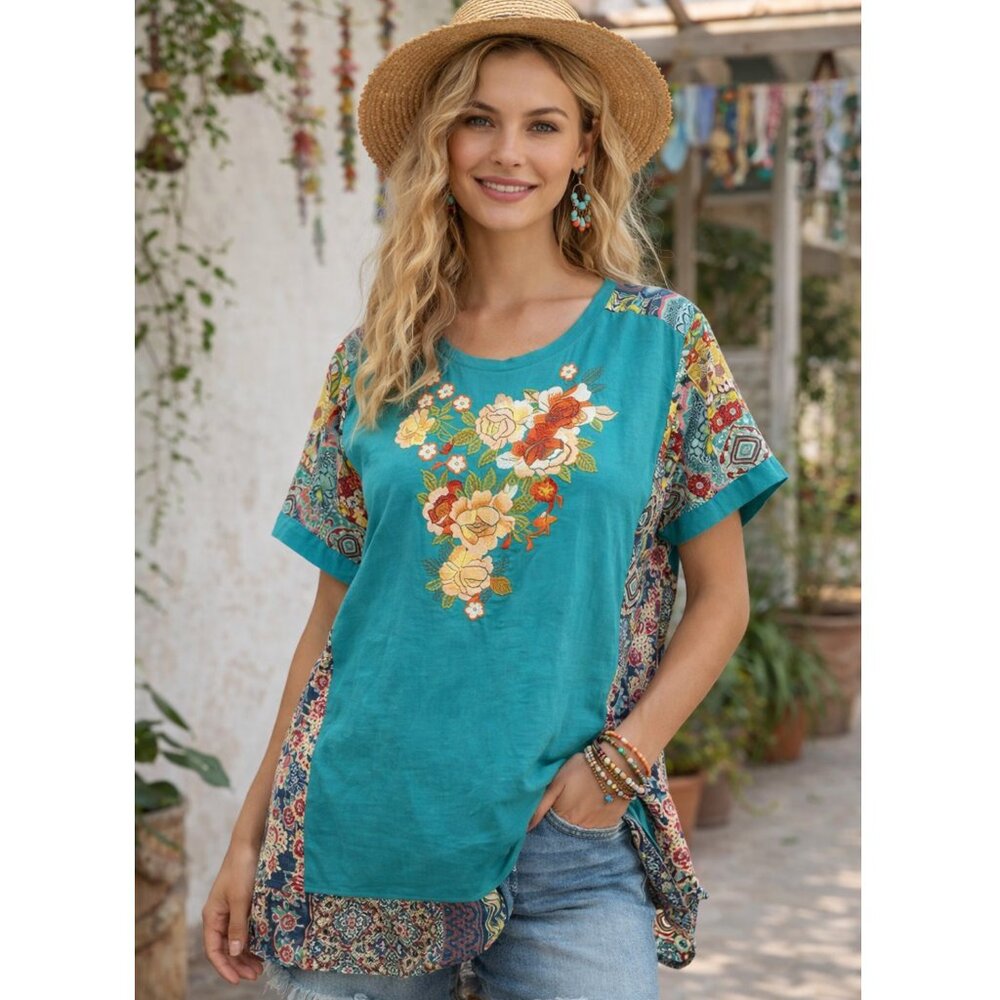 Johnny Was Embroidered Tunic Top Colorblock Mixed Patterns Peasant Boho size L